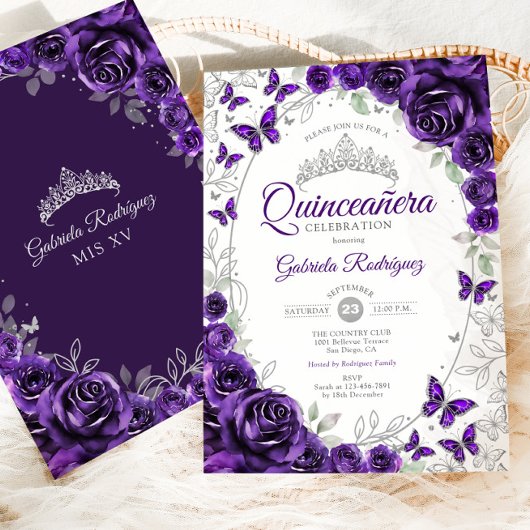 Invitation Purple Silver Floral Quinceanera