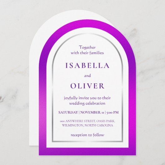 Invitation Purple silver gradient frame wedding (Devant / Derrière)