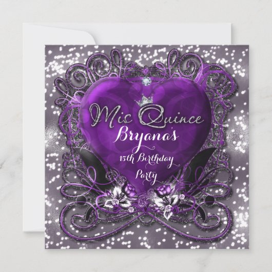 Invitation Purple & Silver Heart pour mes 15 ans (Devant)