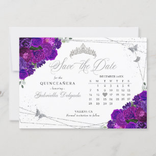 Invitation Purple & Silver Quinceañera Enregistrer La Date