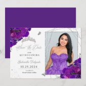 Invitation Purple & Silver Quinceañera Enregistrer La Date Ph (Devant / Derrière)