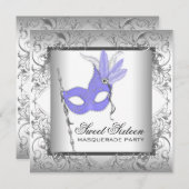 Invitation Purple Silver Sweet 16 Masquerade Party (Devant / Derrière)