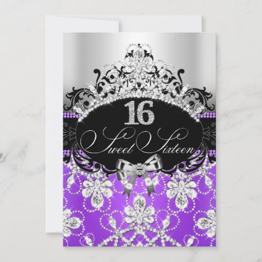 Invitation Purple Silver Sweet 16 Sparkle Tiara anniversaire (Devant)