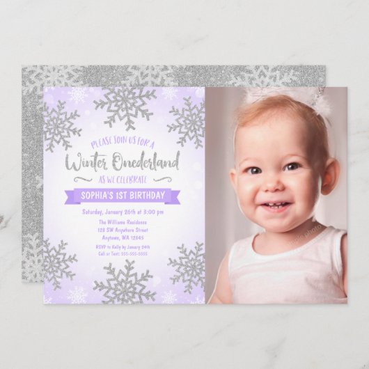 Invitation Purple Silver Winter ONEderland 1er anniversaire P (Devant / Derrière)