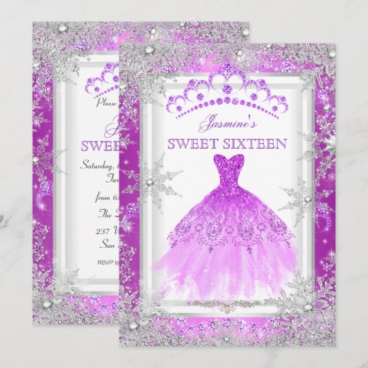 Invitation Purple Silver Winter Wonderland Sweet 16 (Devant / Derrière)