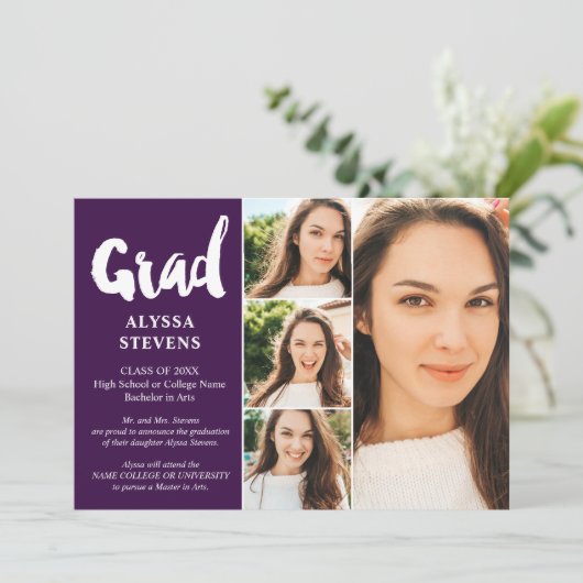 Invitation Purple simple Grad script 4 photos graduation (Debout devant)