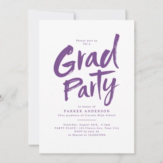 Invitation Purple Simple Moderne Brosse Script Grad Party (Devant)