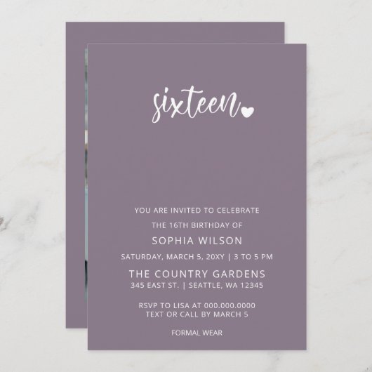 Invitation Purple Simple Script Sweet 16 Anniversaire Photo (Devant / Derrière)