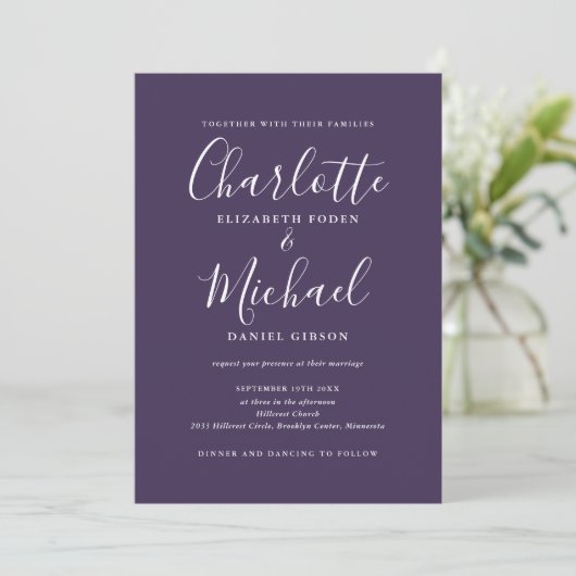Invitation Purple Simple Tout en un Mariage de script chic (Debout devant)