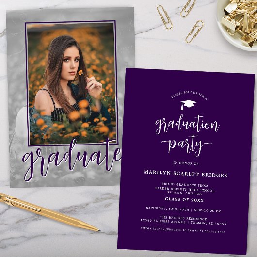 Invitation Purple Single Photo Script Graduation