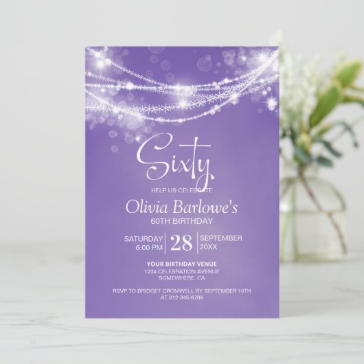 Invitation Purple String Lights 60e fête d'anniversaire (Debout devant)