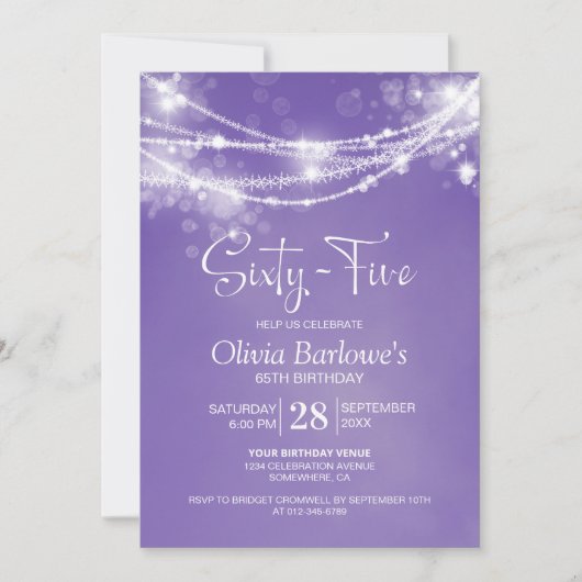 Invitation Purple String Lights 65e fête d'anniversaire (Devant)