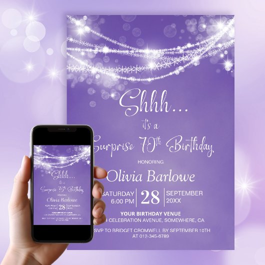 Invitation Purple String Lights Surprise 70e anniversaire fêt