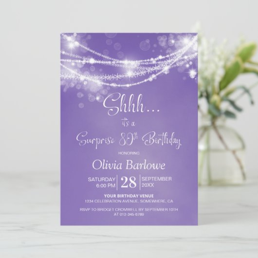 Invitation Purple String Lights Surprise 80e anniversaire fêt (Debout devant)