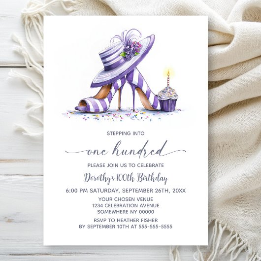 Invitation Purple Striped High Heel Shoes 100th Birthday
