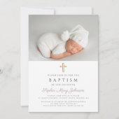 Invitation Purple Stripes Croix Religieuse Photo Baptême (Devant)