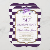 Invitation Purple Stripes Gold Violet Floral 50e anniversaire (Devant / Derrière)