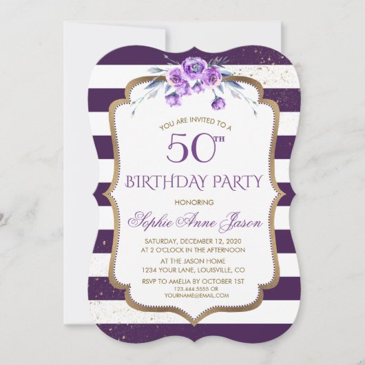Invitation Purple Stripes Gold Violet Floral 50e anniversaire (Devant)