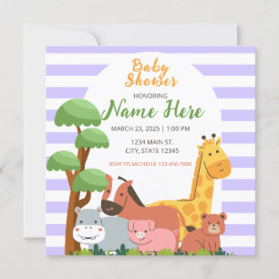 Invitation Purple Stripes Safari Animaux Baby shower