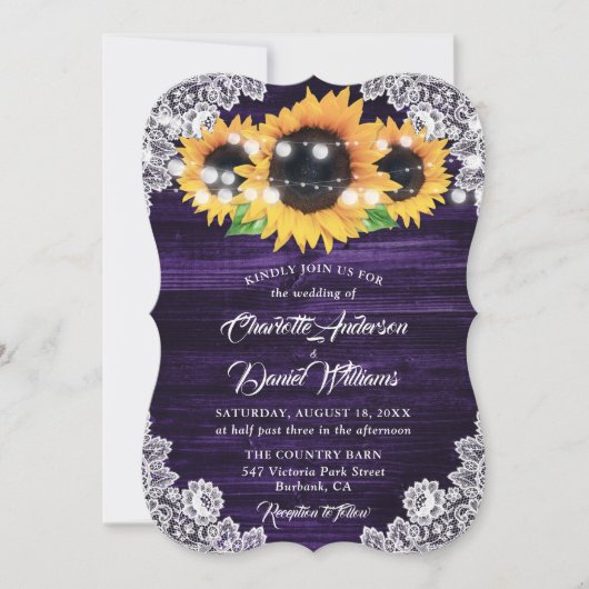 Invitation Purple Sunflower Wood Lace String Lights Wedding (Devant)