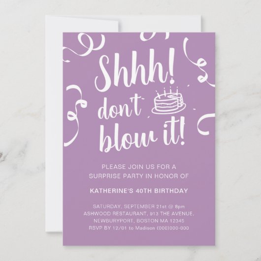Invitation Purple Surprise Anniversaire Ne soufflez pas l'inv (Devant)