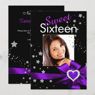 Invitation Purple Sweet 16 Anniversaire Fête Coeur Photo Star
