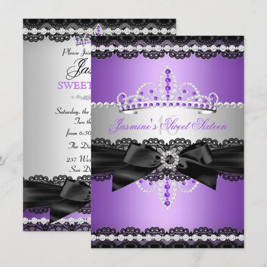 Invitation Purple Sweet 16 Anniversaire Fête Silver Black Lac (Devant / Derrière)