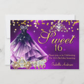 Invitation Purple Sweet 16 Anniversaire Robe Tiara Carriage (Devant)