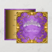 Invitation Purple Sweet 16 Anniversaire Soirée Or Blanc Tiara (Devant / Derrière)