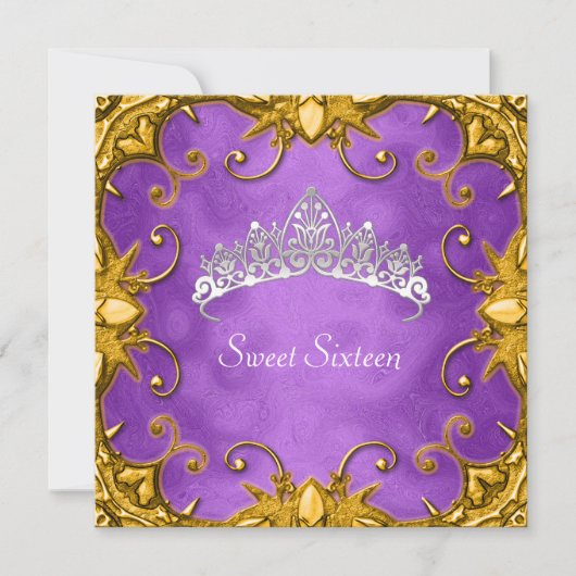 Invitation Purple Sweet 16 Anniversaire Soirée Or Blanc Tiara (Devant)