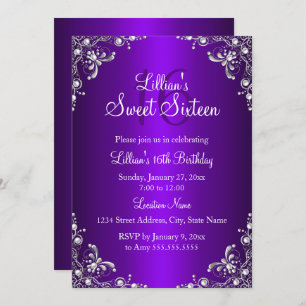 Invitation Purple Sweet 16 Silver Pearl Damask
