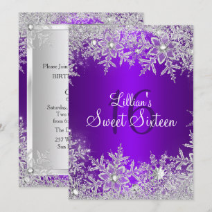 Invitation Purple Sweet 16 Snowflake Winter Wonderland