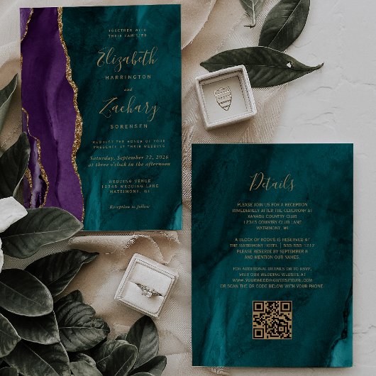 Invitation Purple Teal Gold Agate QR Code Wedding