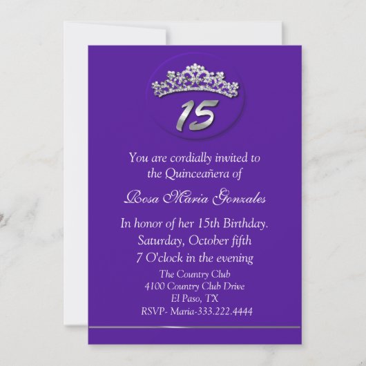 Invitation Purple Tiara Quinceañera (Devant)