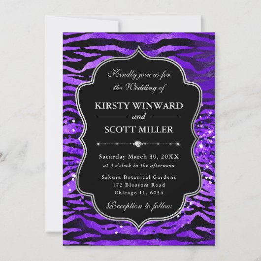 Invitation Purple Tiger Stripes Glitter Glam Wedding (Devant)