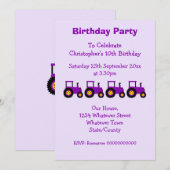 Invitation Purple Tractor Design Fête d'anniversaire du garço (Devant / Derrière)