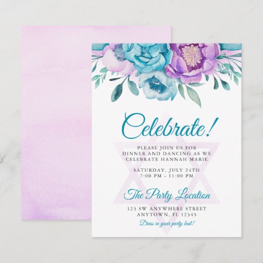 Invitation Purple Turquoise Aquarelle Florale Bat mitzvah Par (Devant / Derrière)