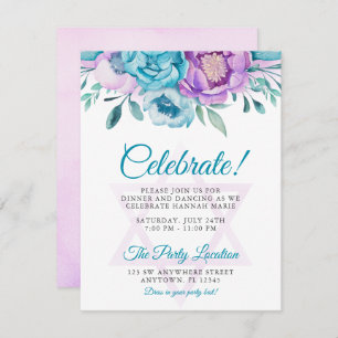 Invitation Purple Turquoise Aquarelle Florale Bat mitzvah Par