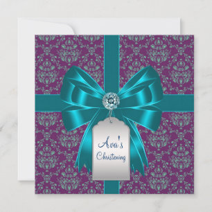 Invitation Purple Turquoise bleu Damask Baby Baptême Christen