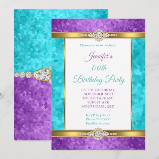 Invitation Purple Turquoise Blue Gold Diamond Anniversaire (Devant / Derrière)