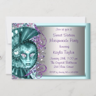 Invitation Purple Turquoise Blue Sweet sixteen Masquerade