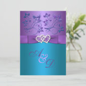 Invitation Purple, Turquoise Coeurs Floraux Monogramme Mariag (Debout devant)