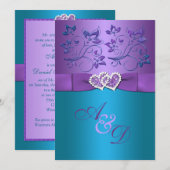 Invitation Purple, Turquoise Coeurs Floraux Monogramme Mariag (Devant / Derrière)