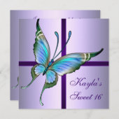 Invitation Purple Turquoise Papillon sucré 16 fête d'annivers (Devant / Derrière)