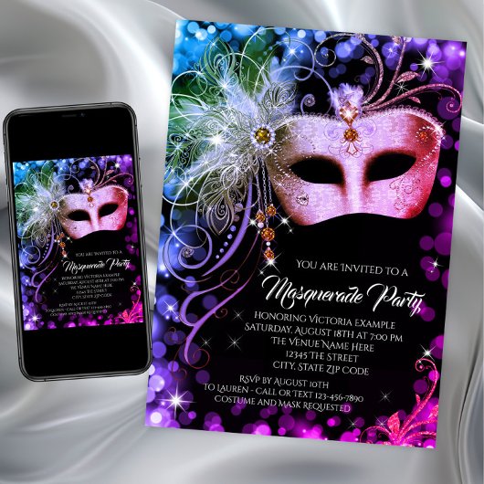 Invitation Purple Turquoise Rainbow Masquerade Party