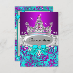 Invitation Purple Turquoise Shimmer Tiara Quinceanera Invitat