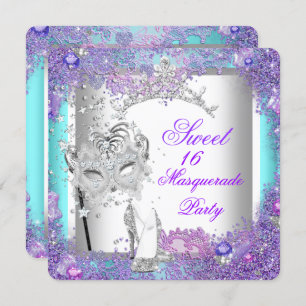 Invitation Purple Turquoise Sweet sixteen 16 Masquerade Party
