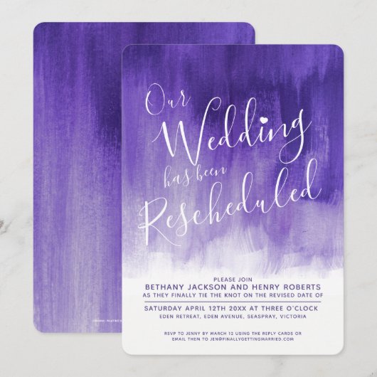 Invitation Purple ultra violet art rescheduled wedding (Devant / Derrière)