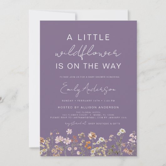 Invitation Purple Un Petit Baby shower Fleur sauvage (Devant)