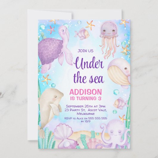 Invitation Purple Under the Sea Creatures Criters Anniversair (Devant)